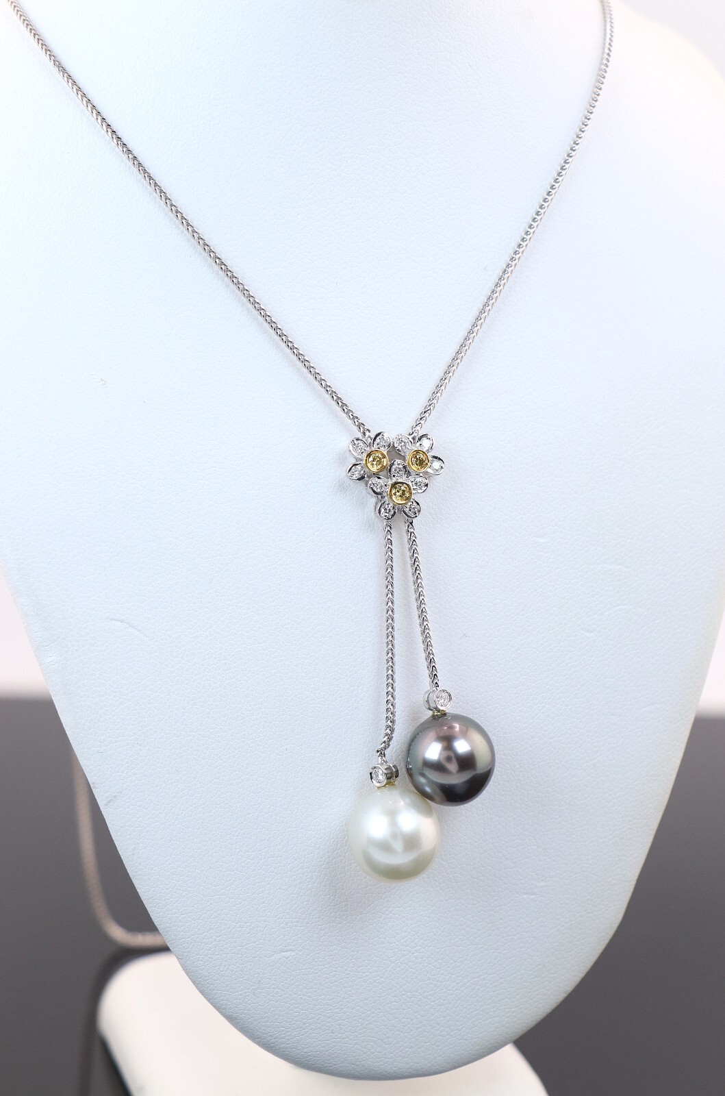 18K White Gold South Sea Pearl Fancy Intense Yellow Diamond Dangling Necklace