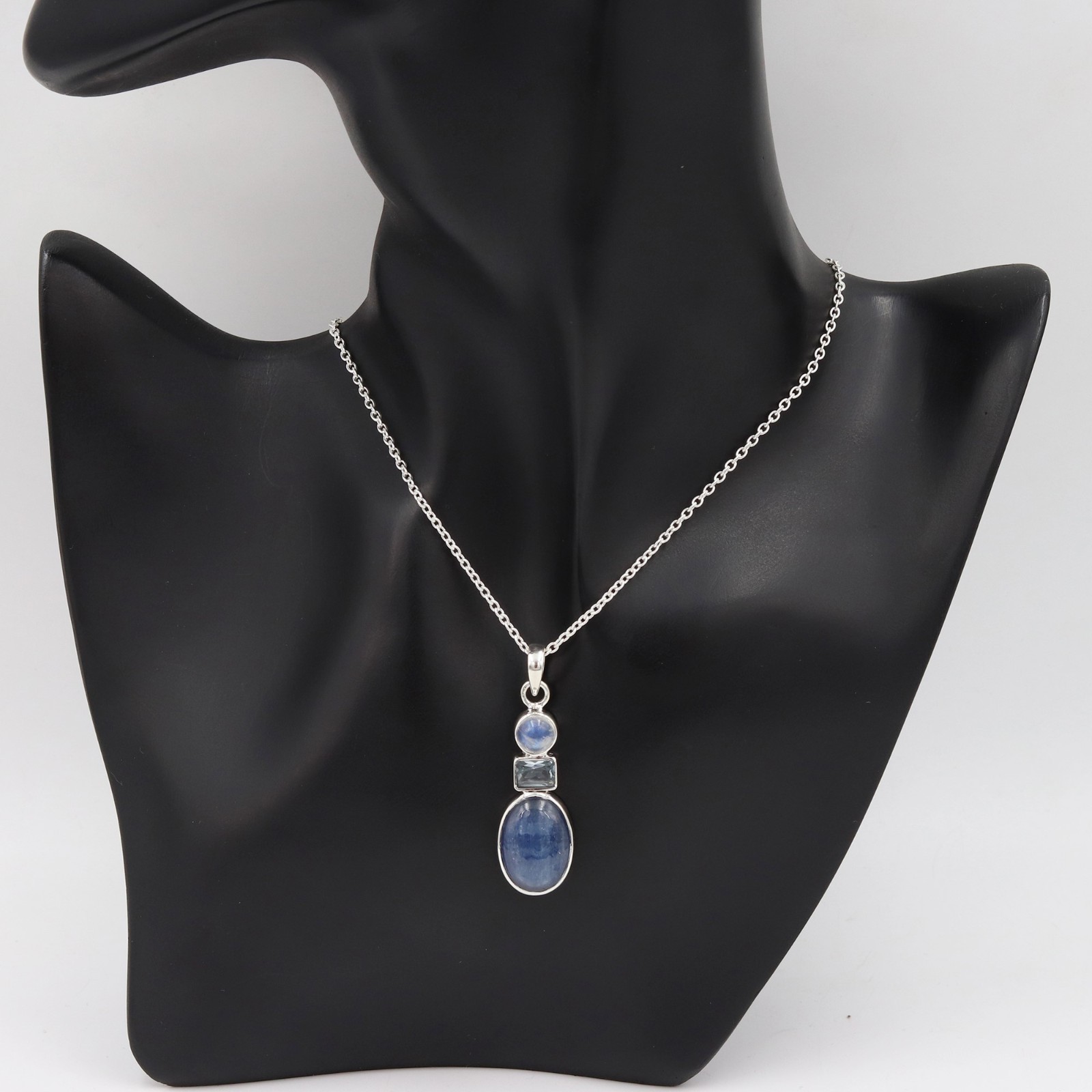 925 Sterling Silver Kyanite Moonstone Blue Topaz Multi Gemstone Necklace