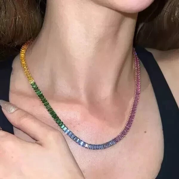 22 Ctw Lab Created Emerald Rainbow Sapphire 14k Gold Plated Tennis Necklace 18″