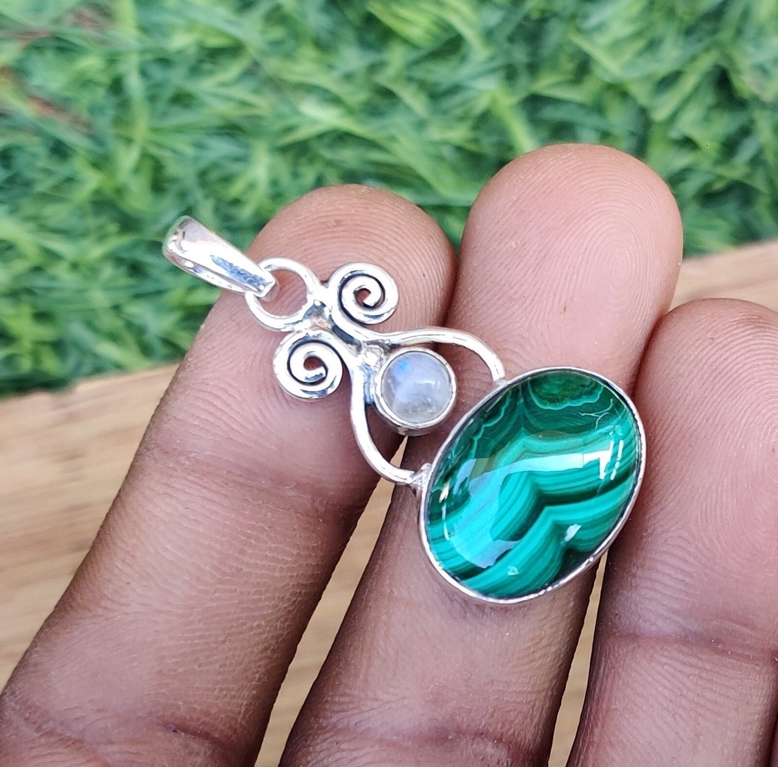 Malachite & Moonstone Pendent 925 Sterling Silver Beautiful Pendent