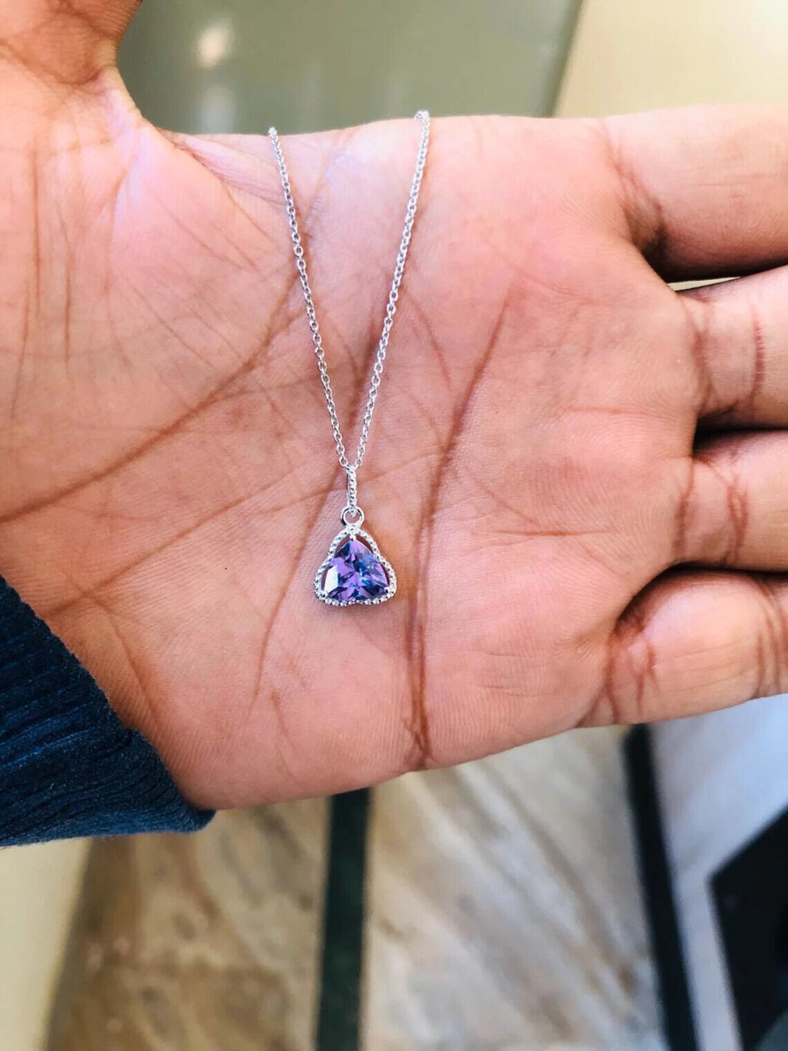 2Ct Trillion Simulated Alexandrite Solitaire Pendant 14KWhite Gold FN Free Chain