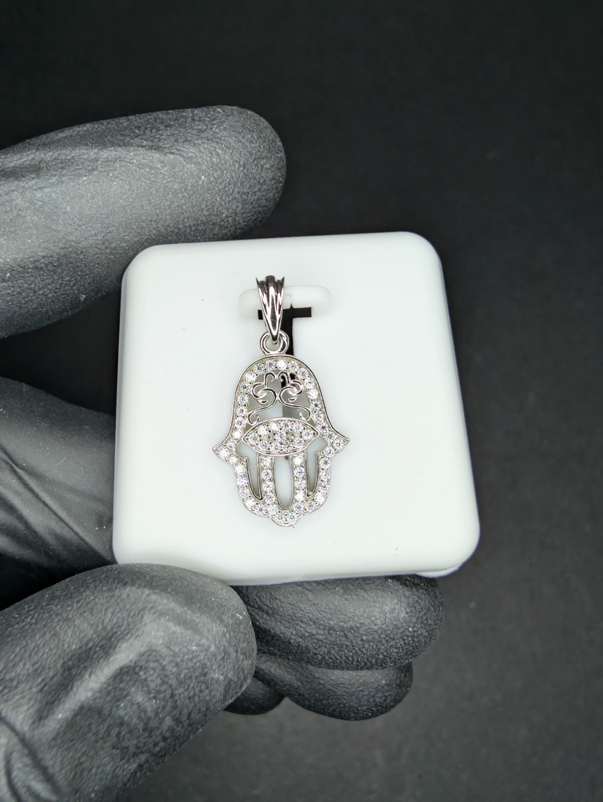 Solid 925 Sterling Silver Iced Out VVS D Color Moissanite Dainty Hamsa Pendant