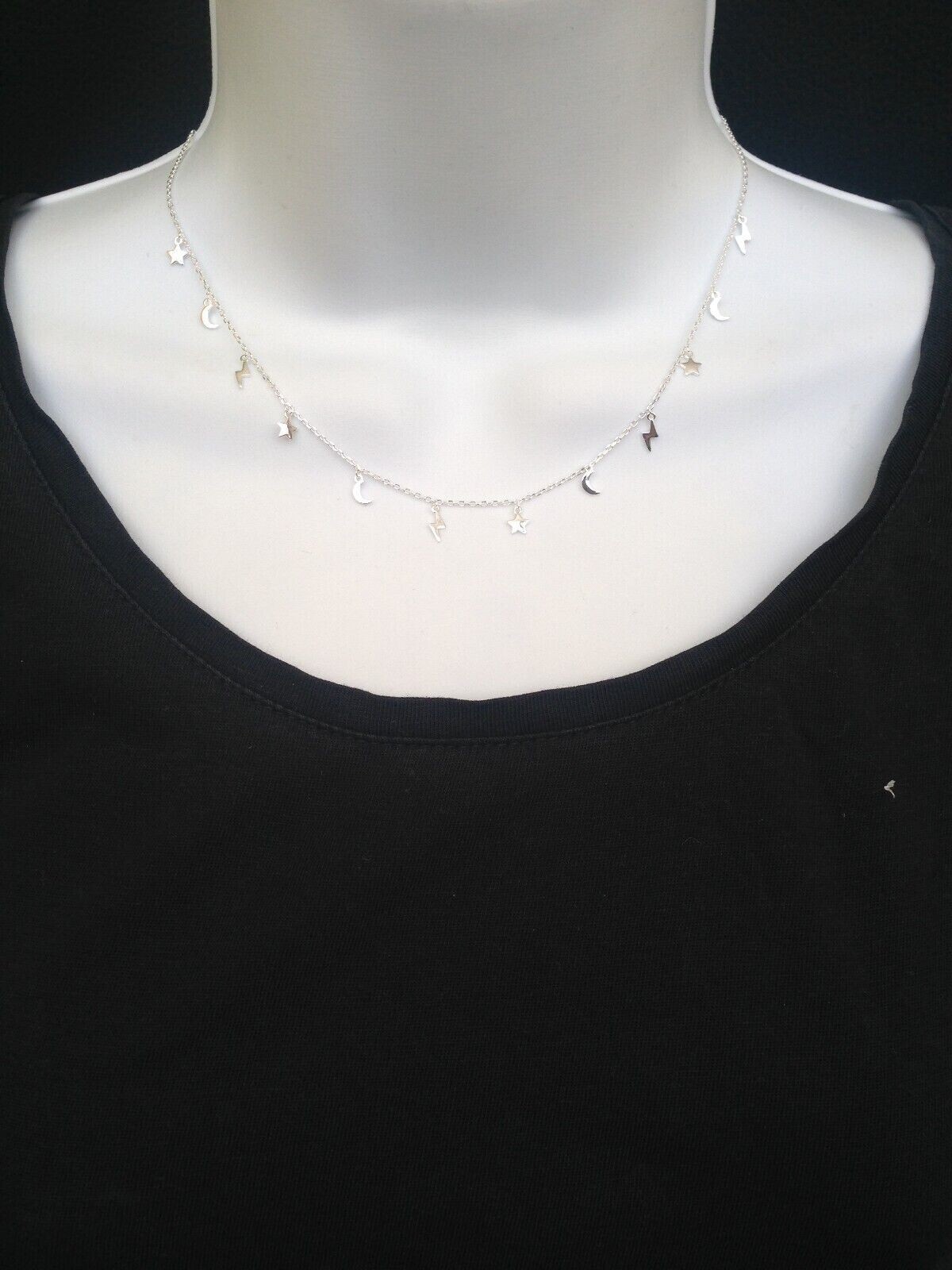 925 Sterling Silver Star Moon Lightning Station Choke Necklace Girls 6mm 15.5″