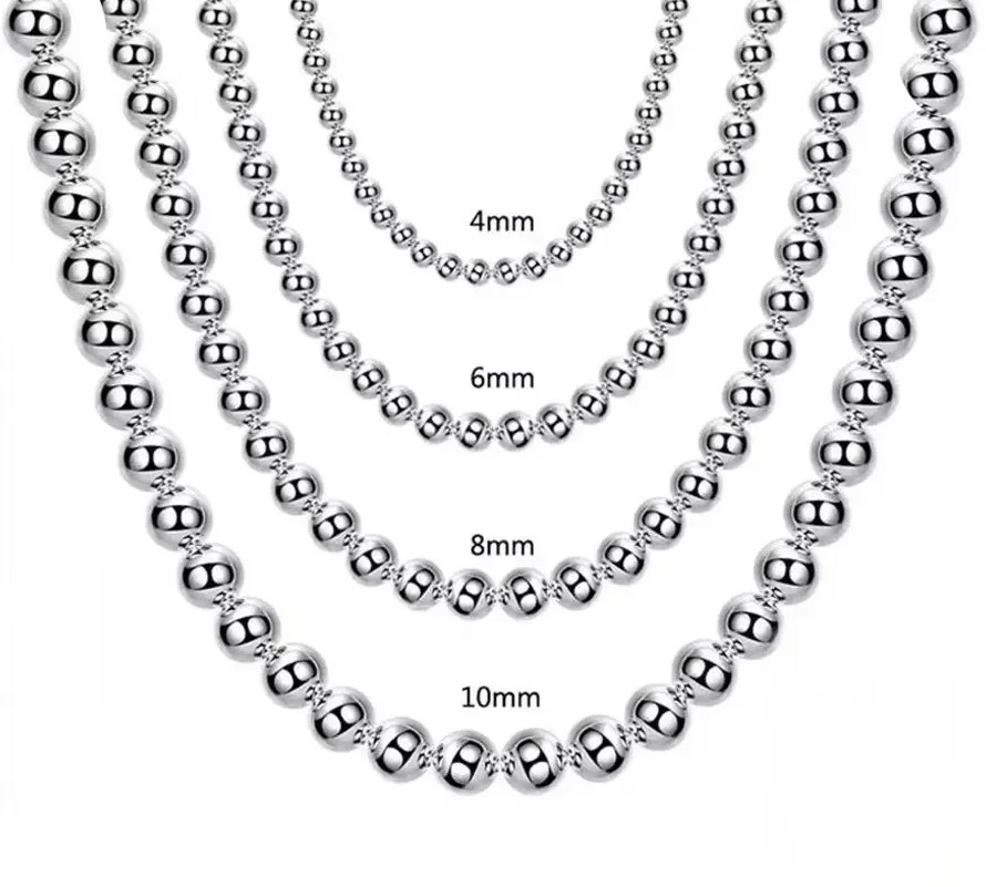 Sterling Silver 925 Smooth Beads Ball Chain Necklace Women 4MM 6MM 8MM