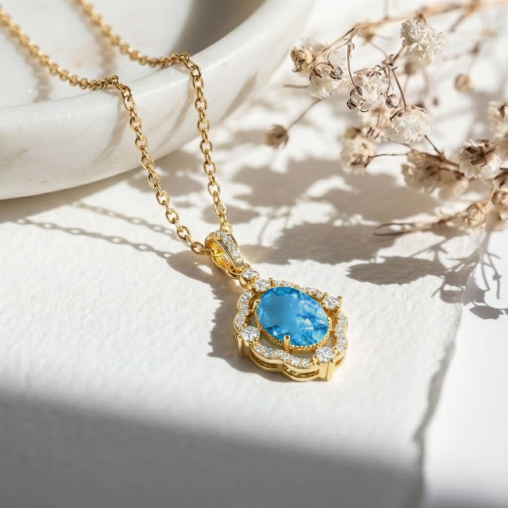 Blue Topaz Necklace, Blue Topaz Halo Pendant with Diamonds, Gift For Her
