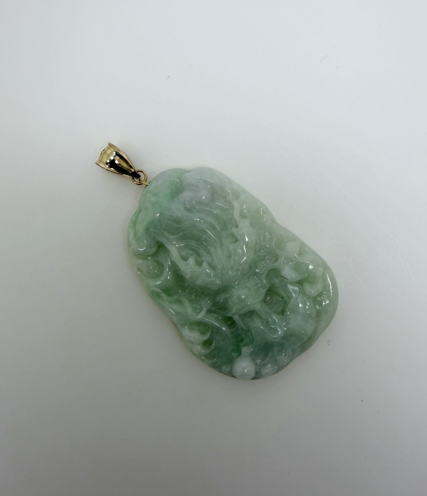 Real 10K Bail Top 100% Natural Green Jade Pendant Dragon Myanmar Jade FREE CHAIN