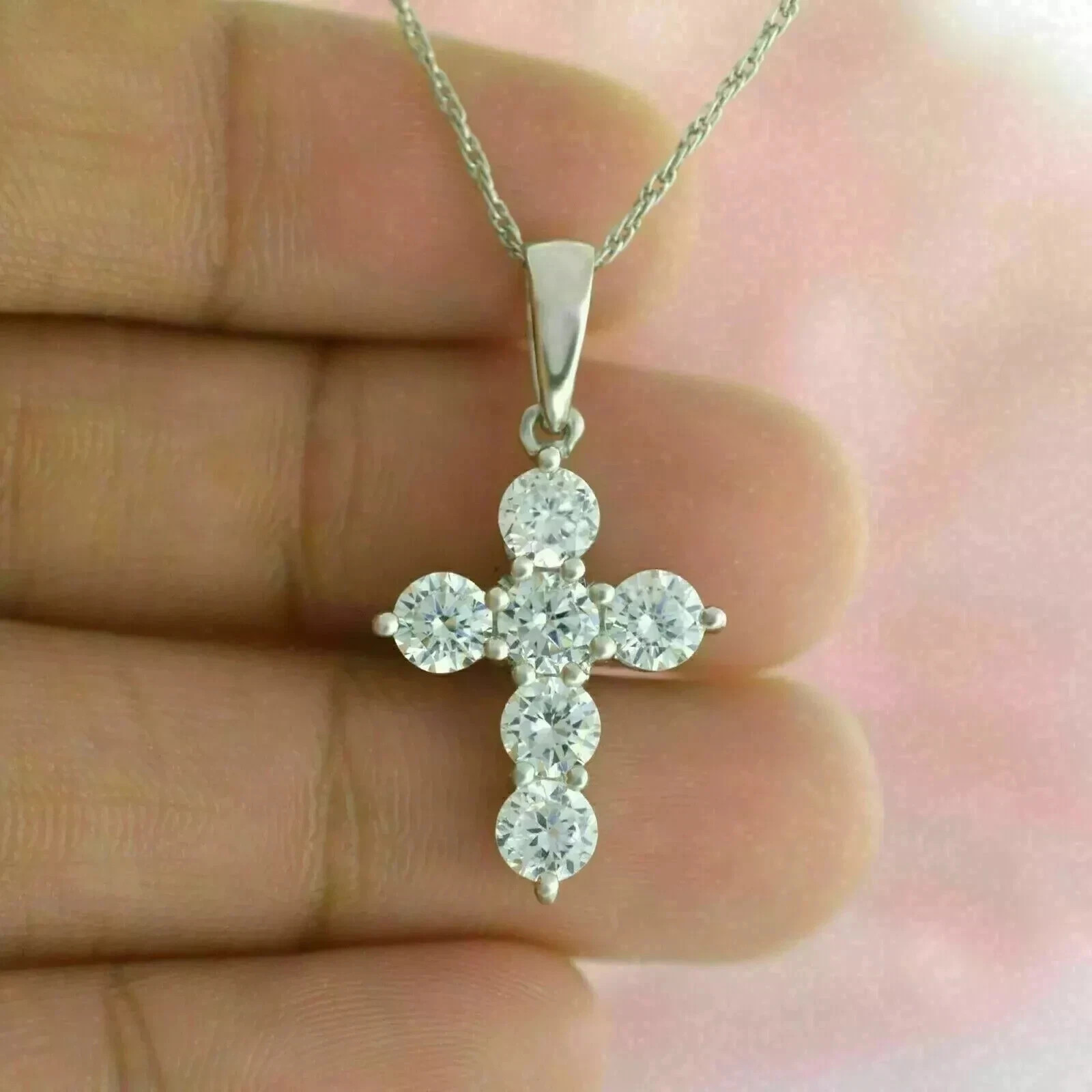 1.50CT Round-Cut Real Moissanite Cross Pendant Necklace 14K White Gold Plated