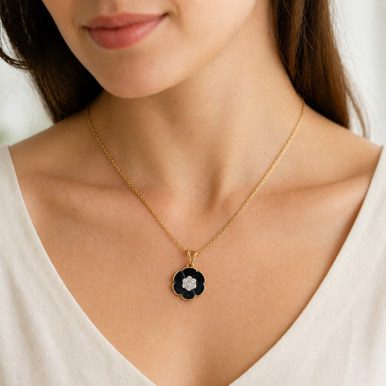 Natural Diamond Floral Pendant Necklace – 14KY Gold Bridal Cocktail Anniversary