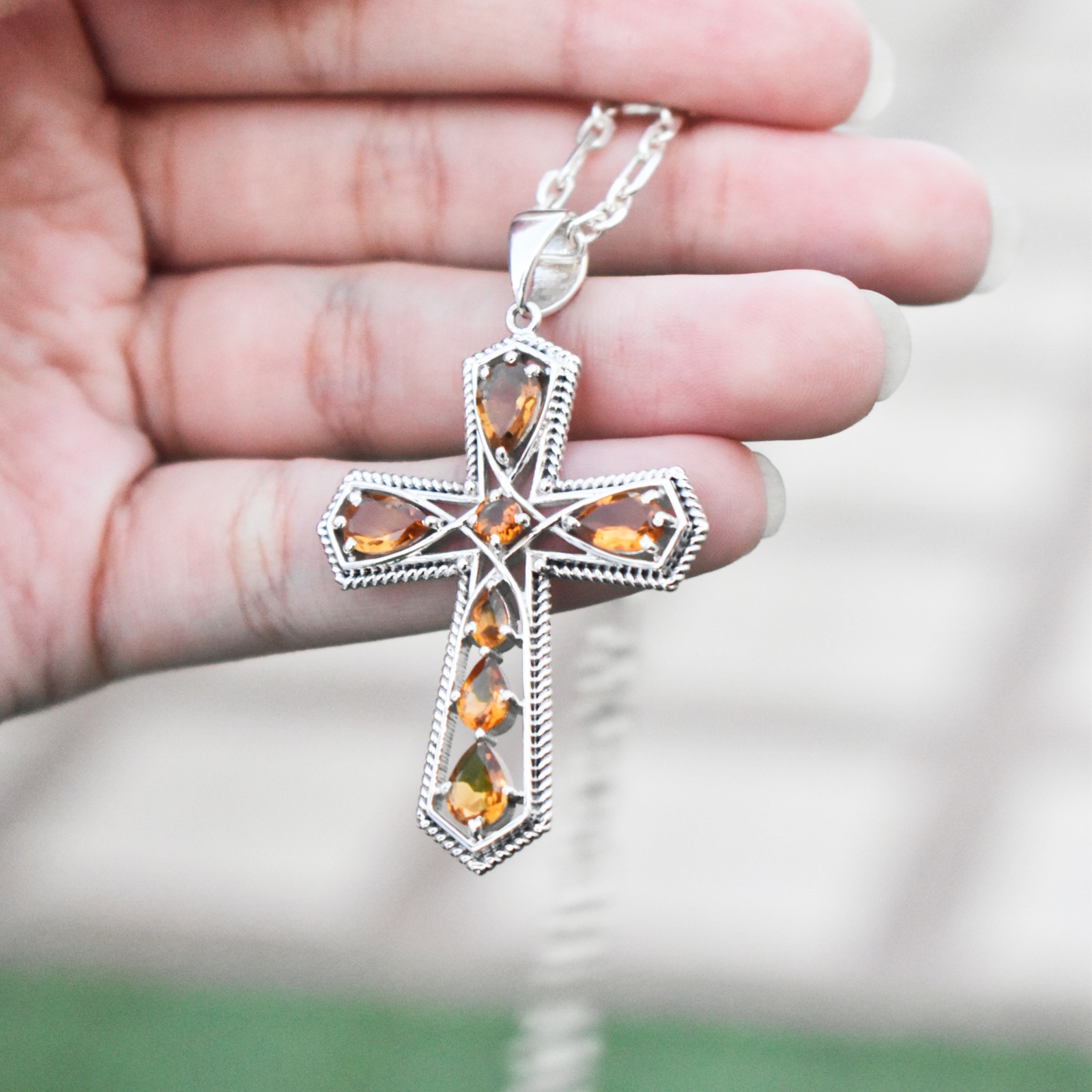 Natural Citrine Cross Pendant 925 Silver Women Pendant Gift For Girlfriend
