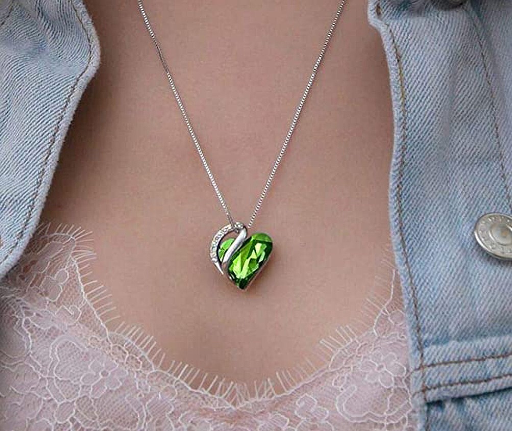 Silver Plated Green Peridot Women’s Infinity Crystal Heart Pendant CZ Stones