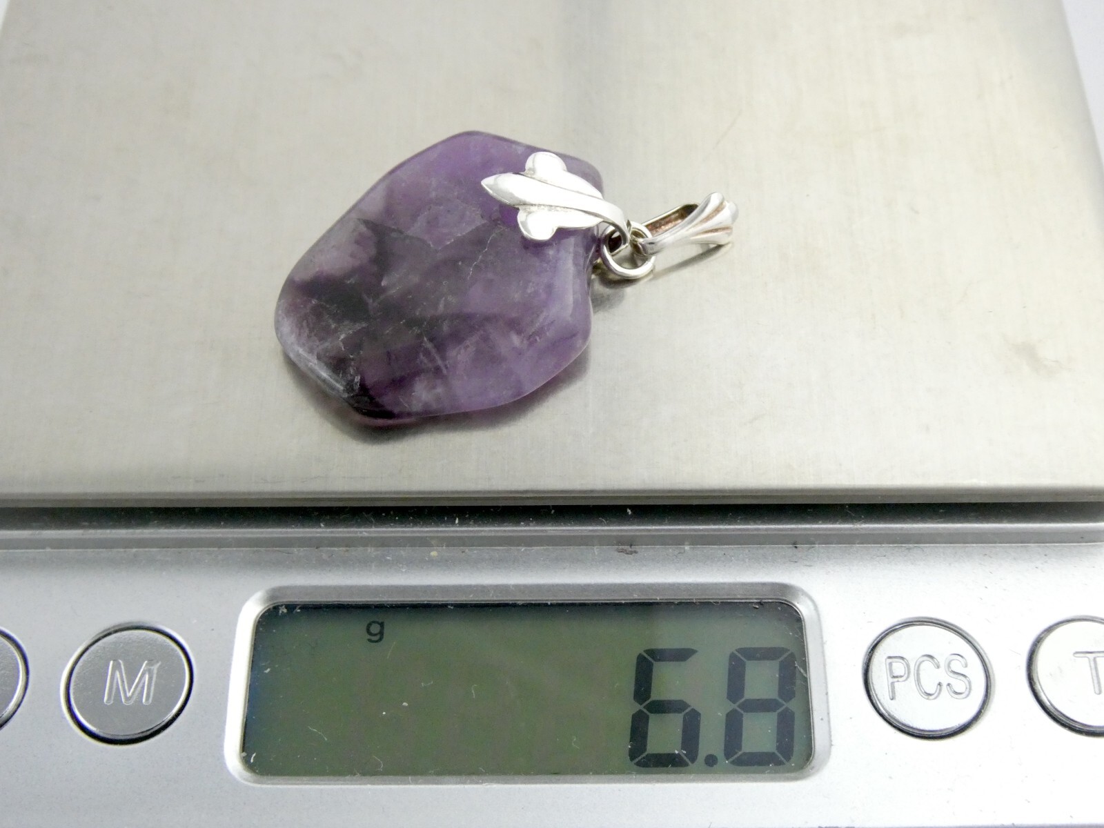 Sterling Silver Freeform Cut Amethyst Slice Pendant 925 6.8g 1.5 Inch Length