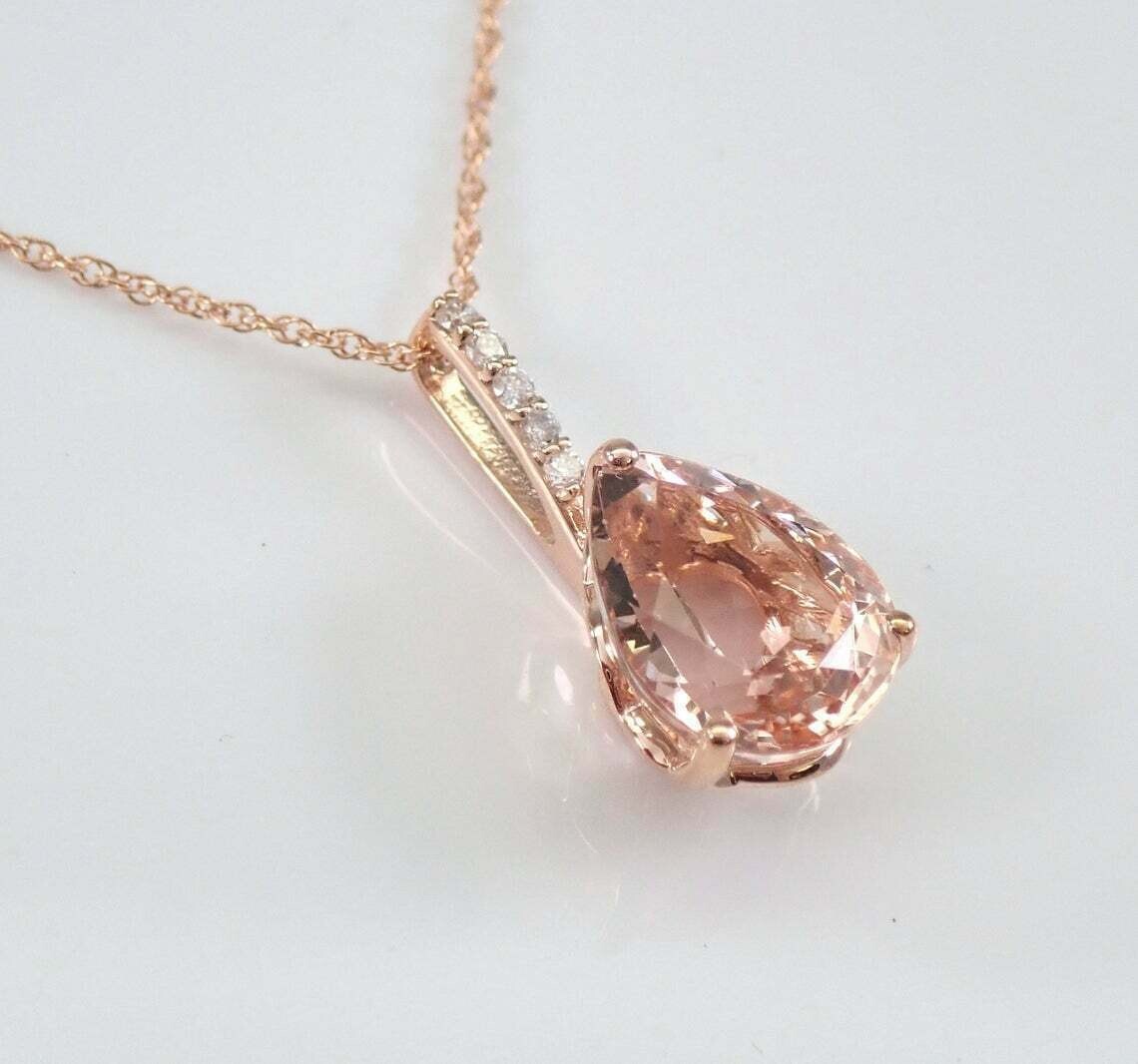 2Ct Pear Cut Morganite Diamond Solitaire Pendant 14K Rose Gold Finish Free Chain
