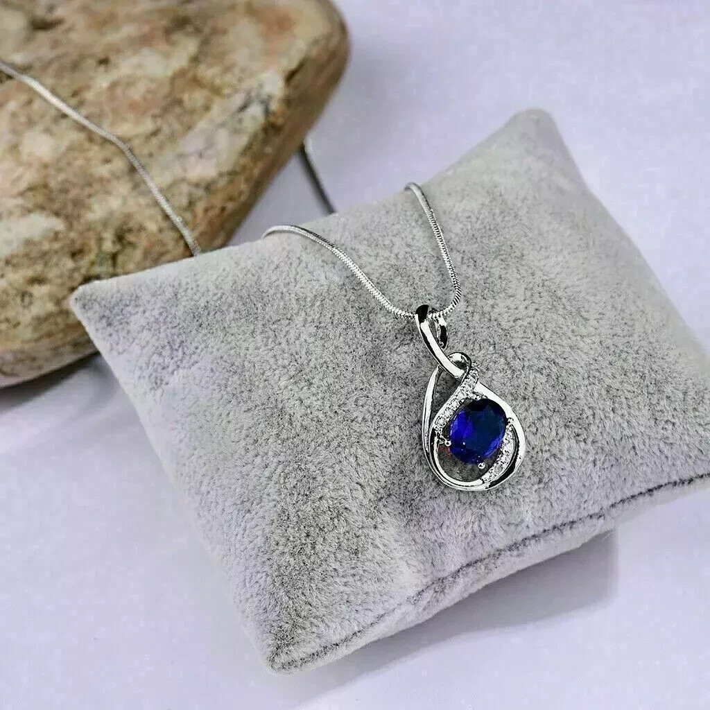 3.20Ct Oval Cut Blue Sapphire Tear Drop Pendant Necklace 14K White Gold Finish