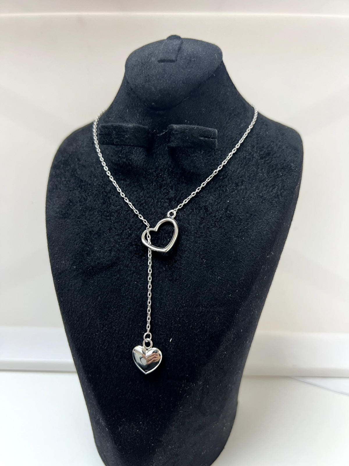 18″ Heart In Heart Lariat Pendant Cable Chain Real Sterling Silver