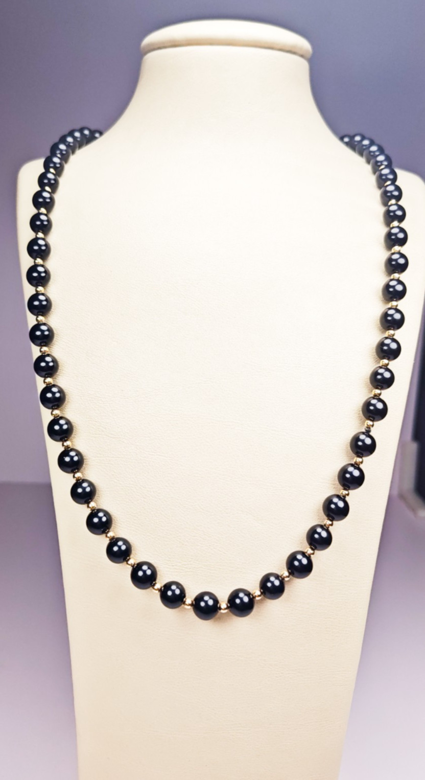 14K Yellow Gold Black Onyx Beaded Ball Necklace 29″ Long Estate 52.23g Vintage