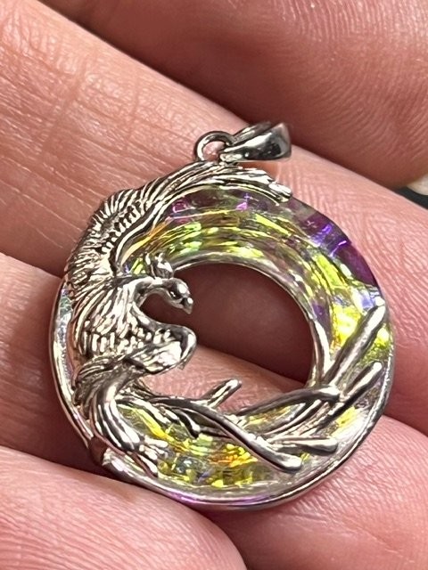 B5224 Sterling Silver 925 Phoenix bird Pendant Iridescent Crystal