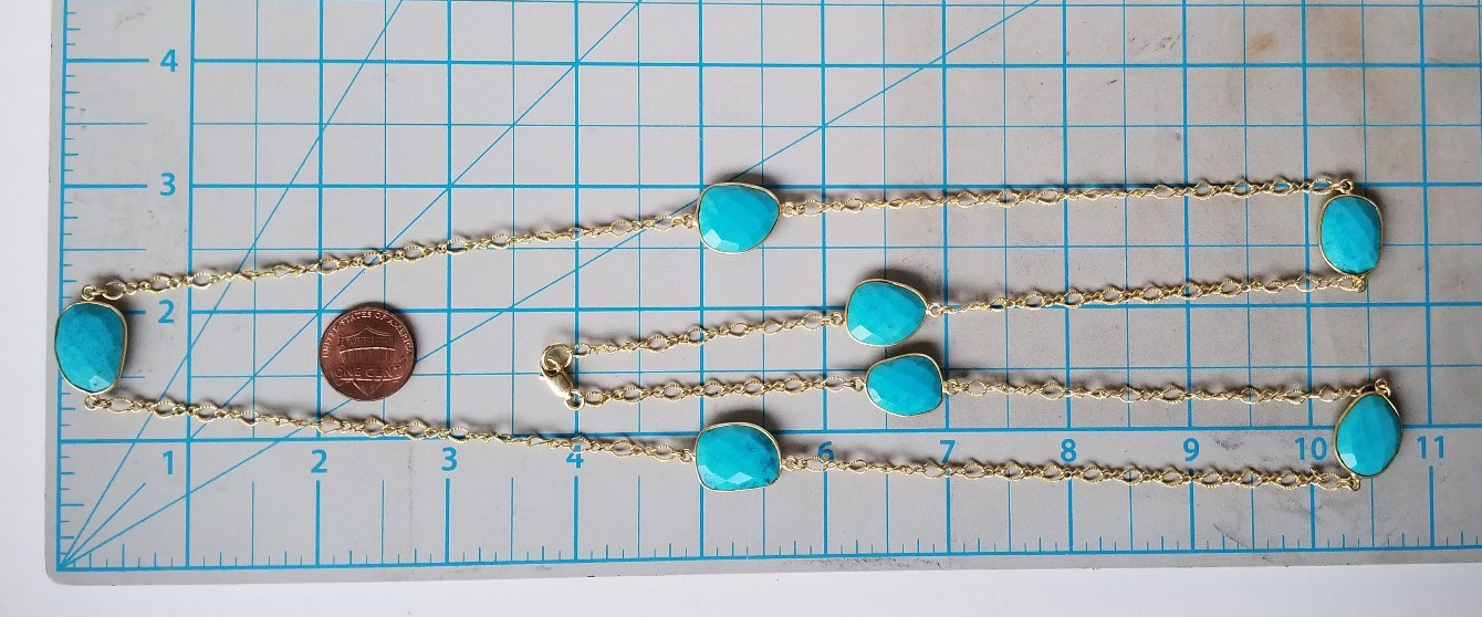 Natural Blue Gemstone, Gold over 925 Sterling Silver Station Necklace 36 In