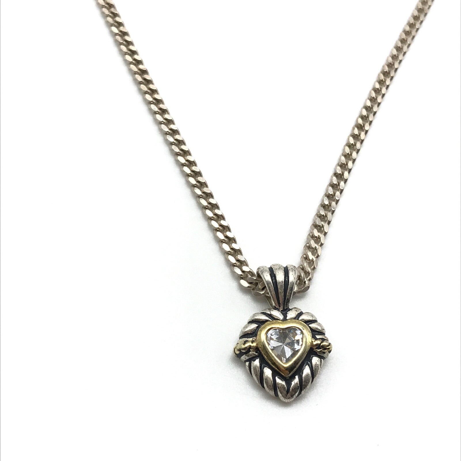 925 Sterling Silver Clear CZ Heart Two Tone Pendant Curb Chain Necklace 18″