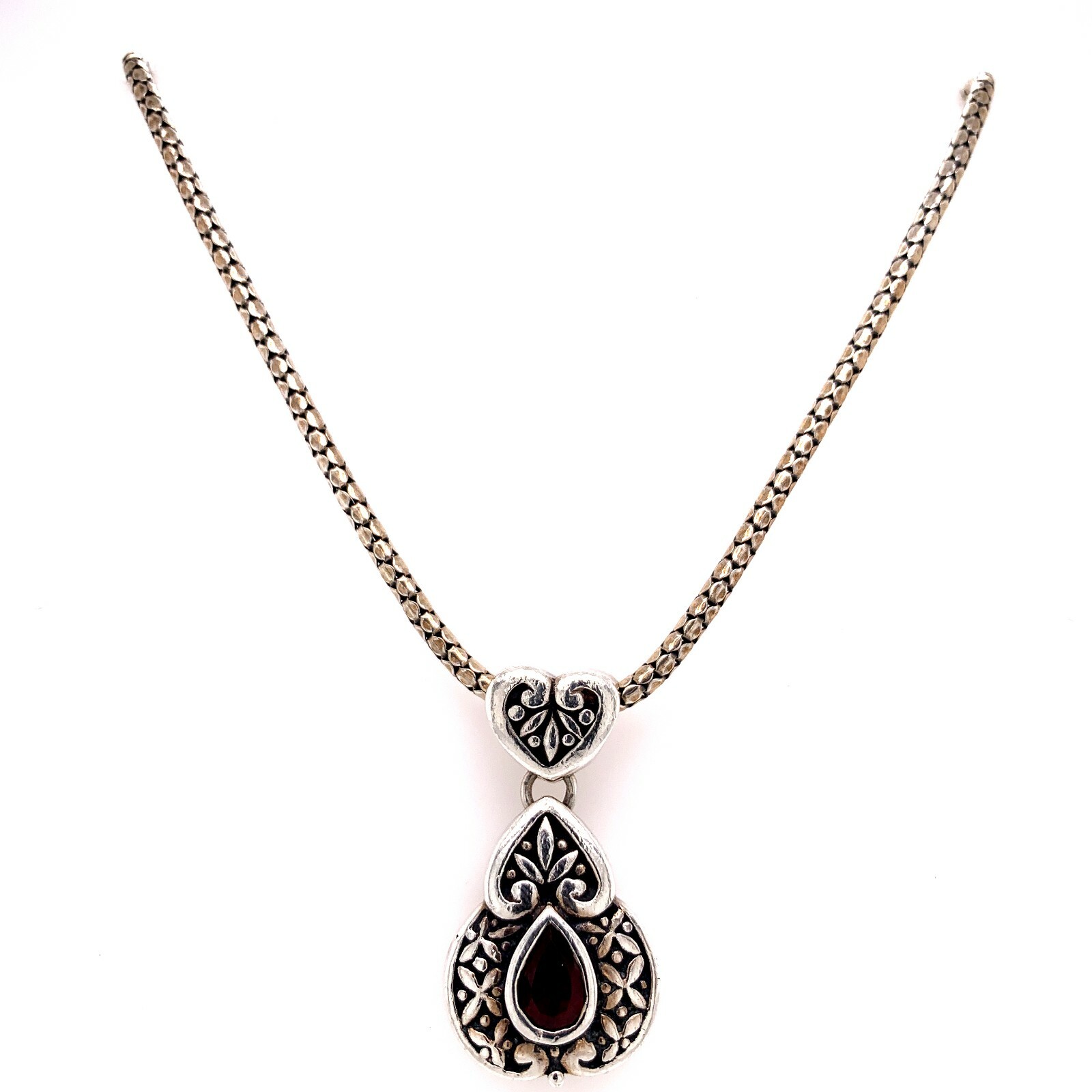 Designer C N A Indonesia Sterling Silver & Garnet 17” Ornate Design Necklace! 92