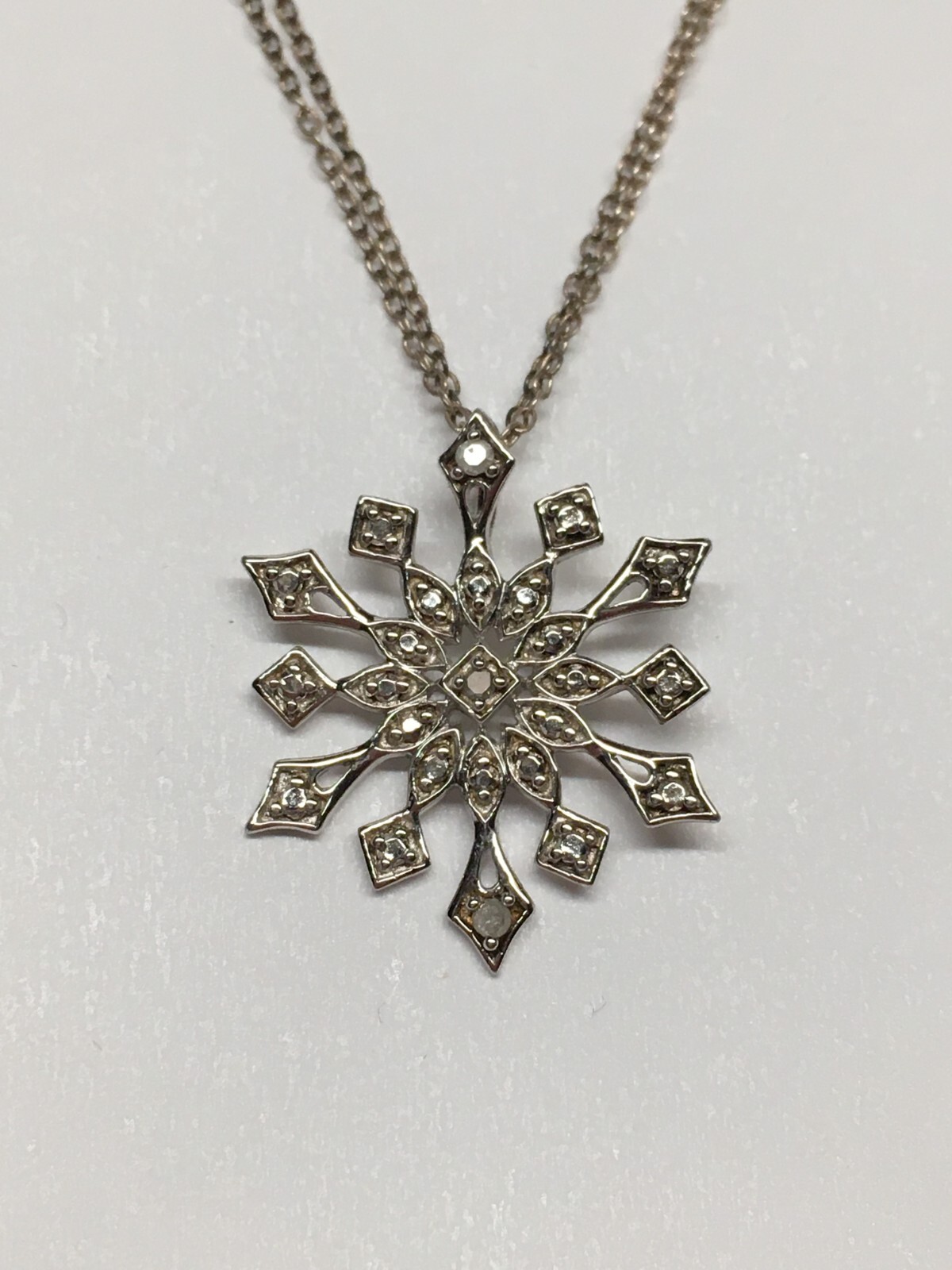 Signed OTC 925 Sterling Silver Diamond Snowflake Pendant Necklace 17.5”