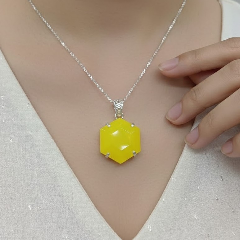 Hexagon Yellow Opal Pendant Opal Necklace | 60–70 Ct Handmade Crystal