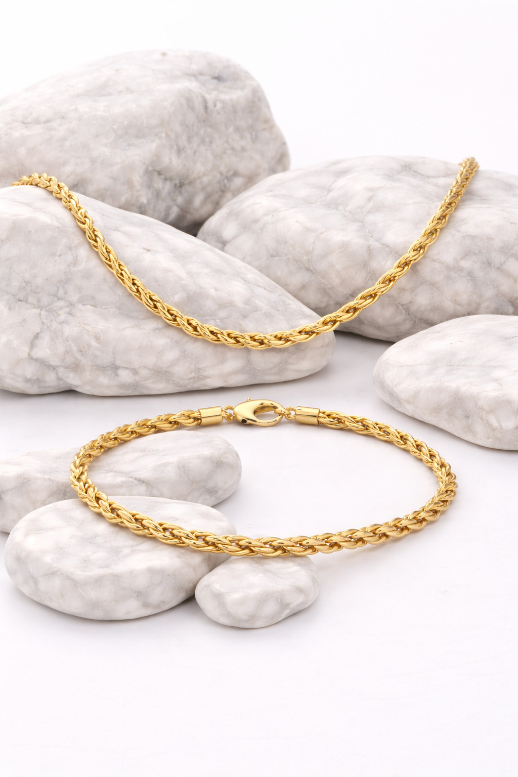 Italian 1/200 14k Yellow Gold Overlay Rope Chain Necklace Bracelet Set Cadena