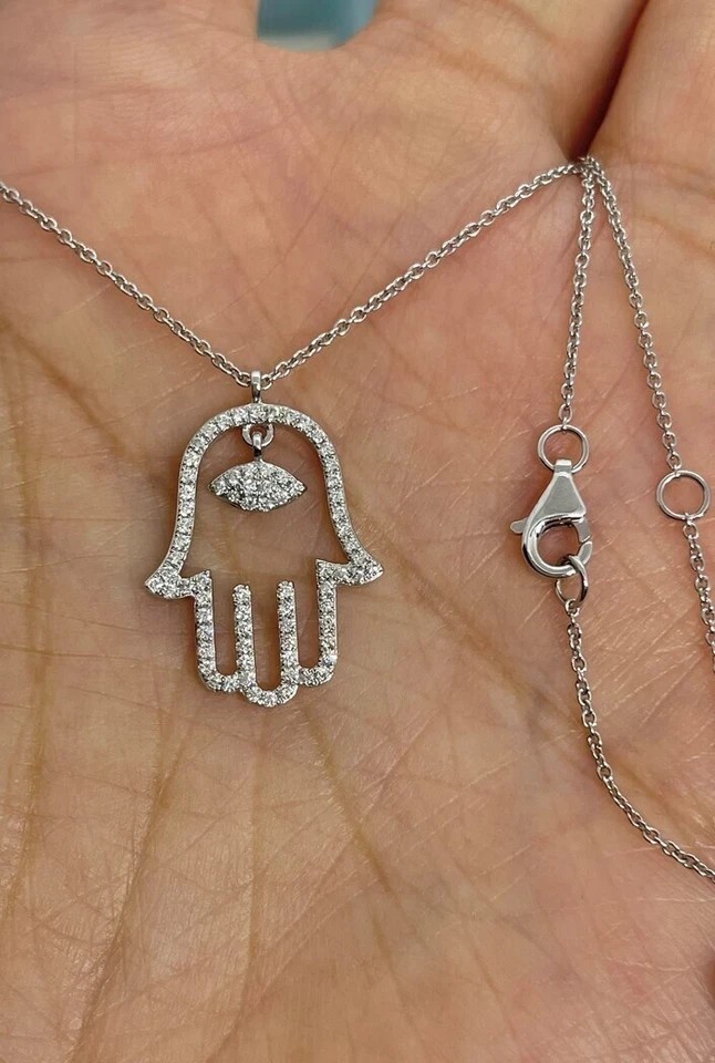 Round Natural Diamond Hamsa Hand Pendant 18” Chain 14K White Gold UGL GH/SI