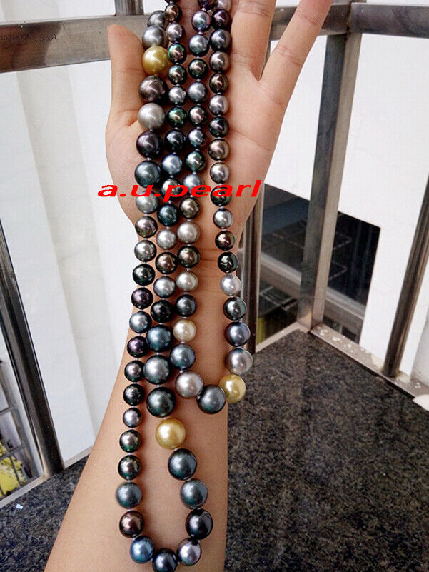 long round AAAAA 48″10-14mm natural South sea Multicolor pearl NECKLACE 14K GOLD