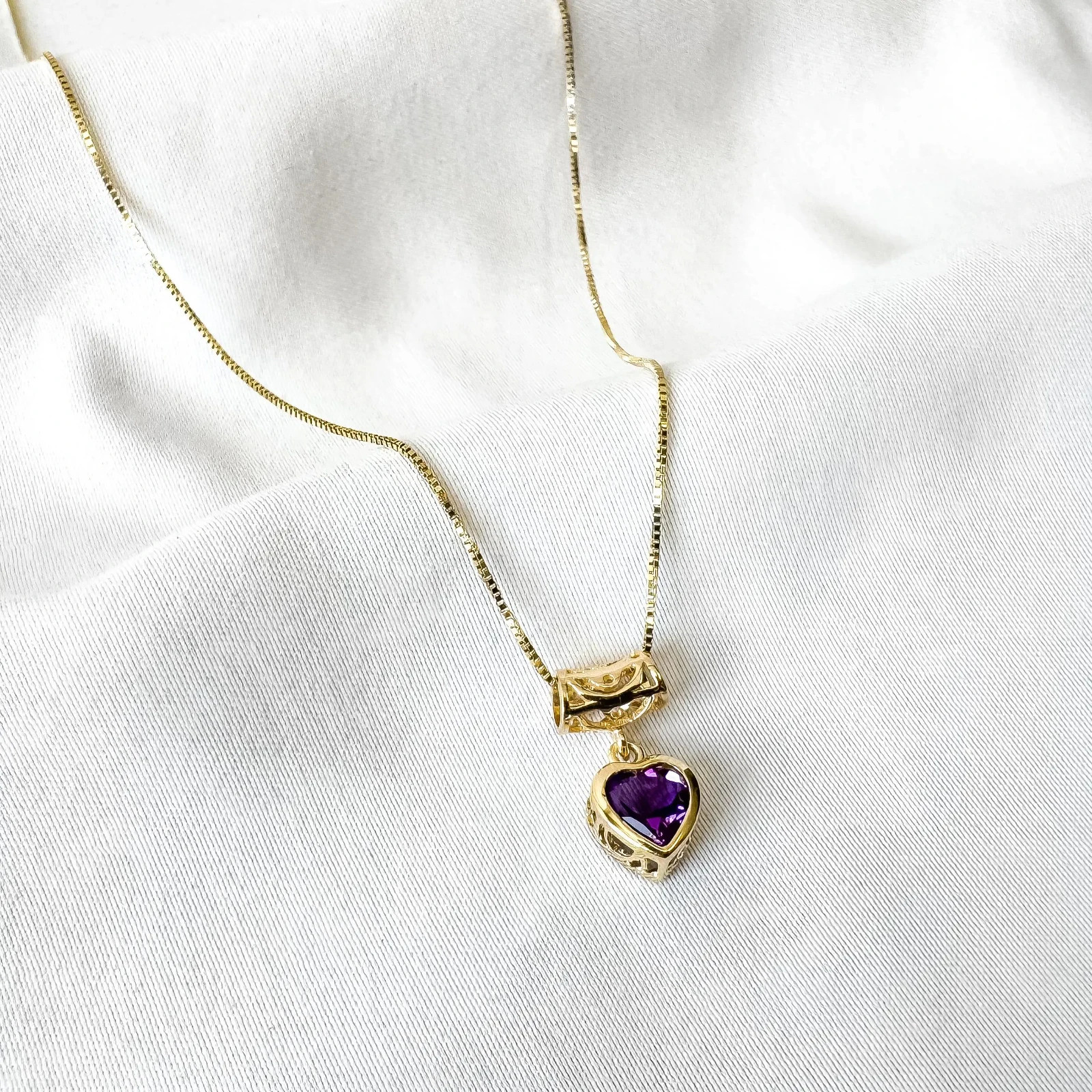 14K Yellow Gold Aurafin Italy Amethyst Heart Pendant 18″ Box Chain Necklace