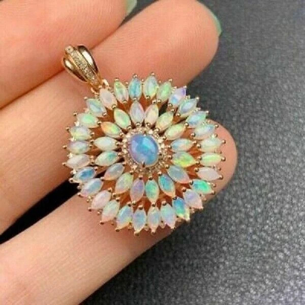4CT Oval Cut Fire Opal Women’s Flower Pendant Free Chain 14K Yellow Gold Finish