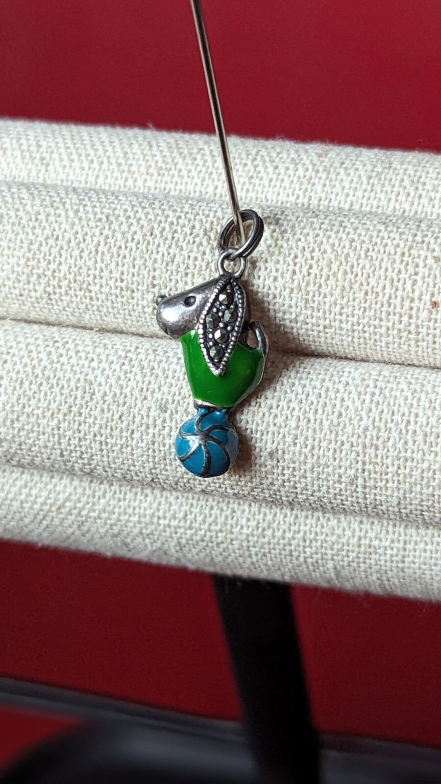 Vtg Sterling Silver 925 Dog Charm Pendant Puppy Circus Ball Green Blue Enamel