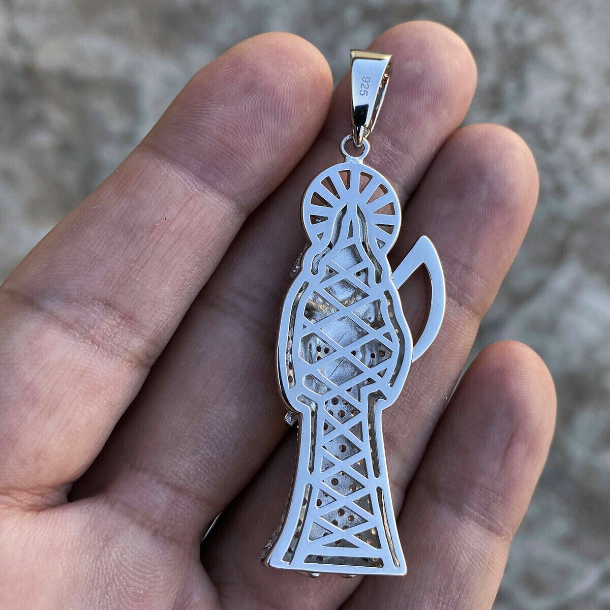 2Ct Lab Created Diamond Santa Muerte Pendant 14K White Gold Plated Free Chain