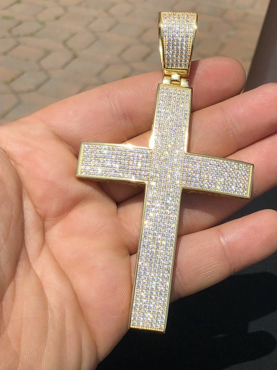 14k Gold Plated Solid 925 Silver Mens Large Cross CZ 3.25” BIG Hip Hop