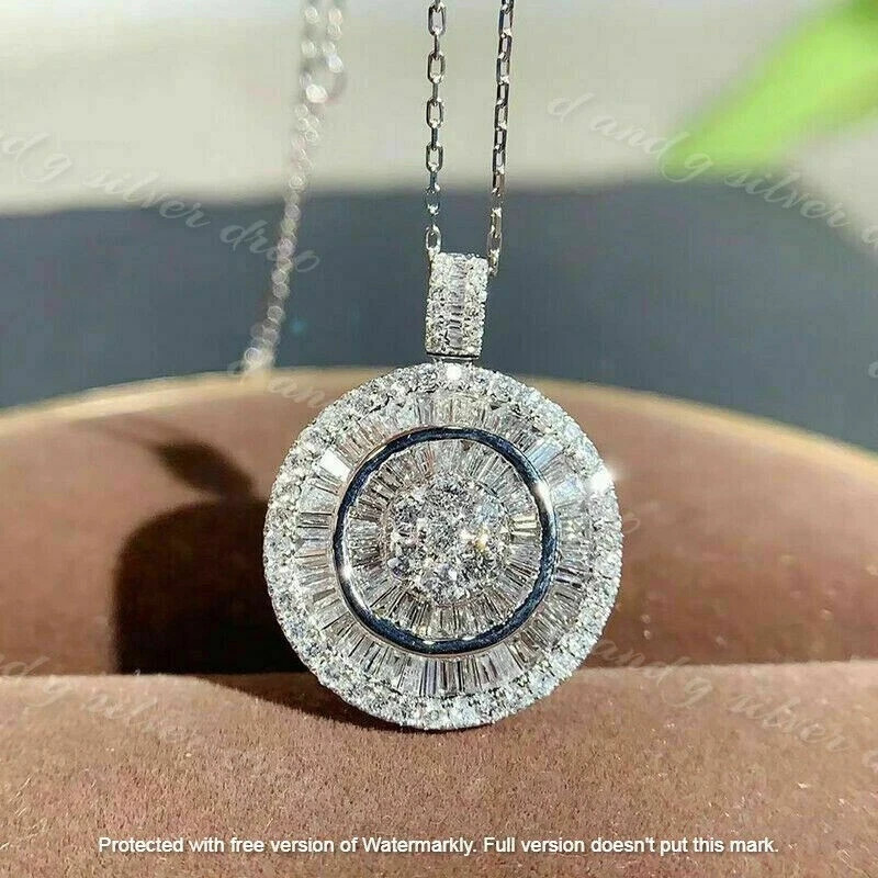 3Ct Baguette Cut VVS1/D Diamond Cluster Pendant 14k White Gold Finish Free Chain