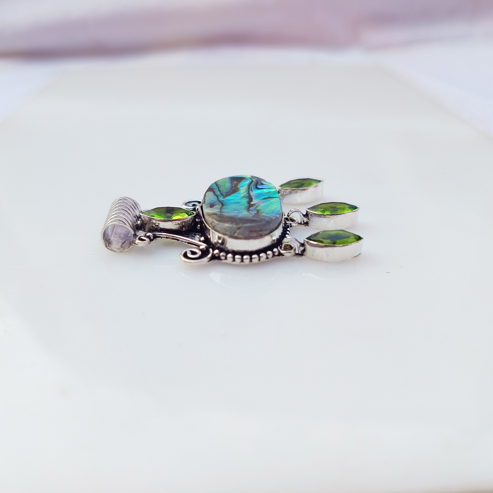 Green Peridot Abalone Pendant 925 Sterling Silver Handmade Gemstone Jewelry Gift