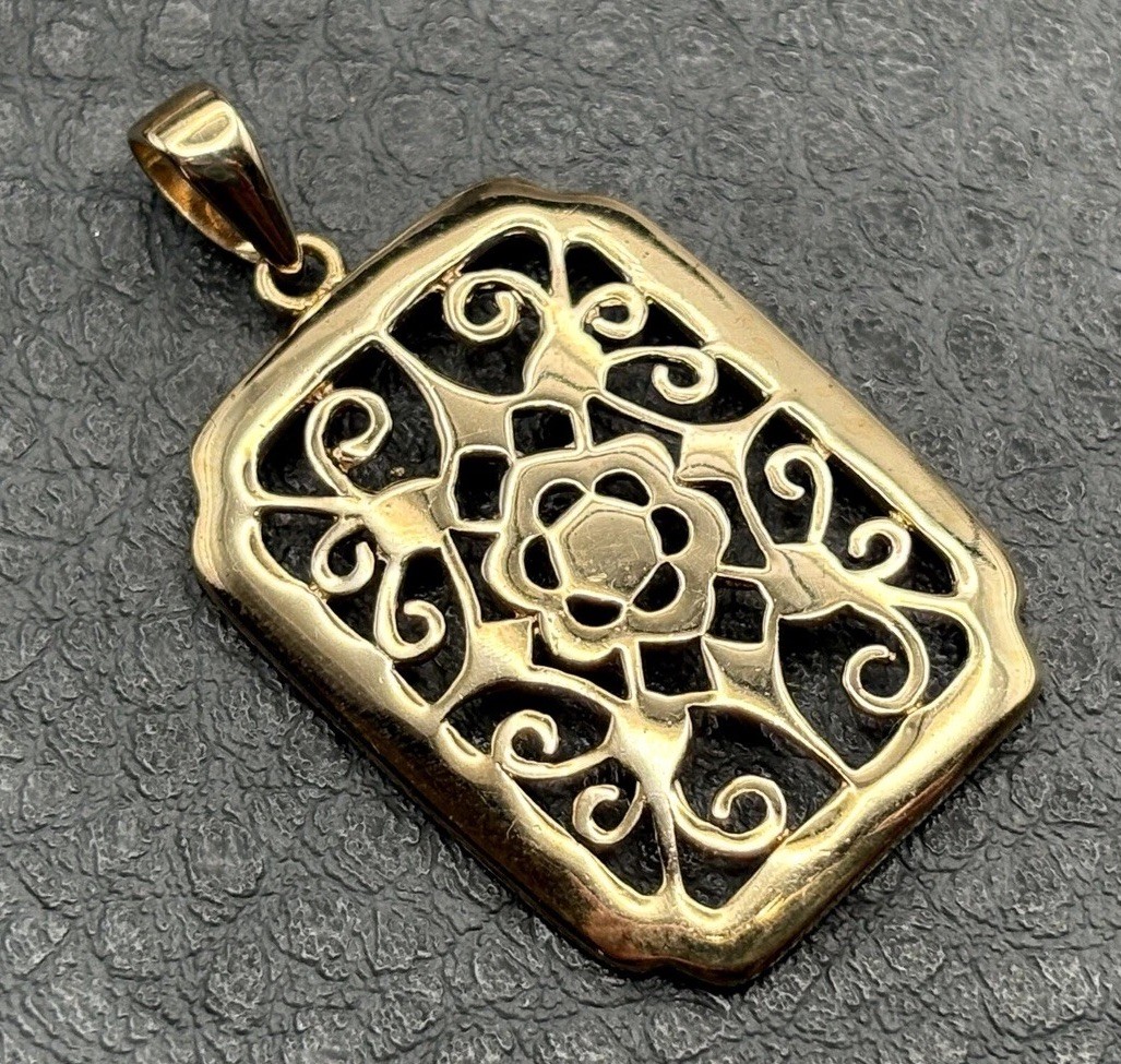 Vermeil Sterling Silver Filigree Rectangle Pendant Floral Cutout Design Openwork