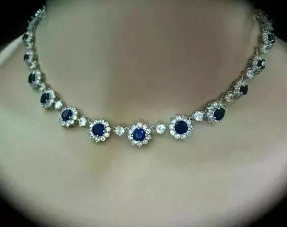 32Ct Round Lab-Created Sapphire Flower Tennis Necklace 14K White Gold Plated 20″