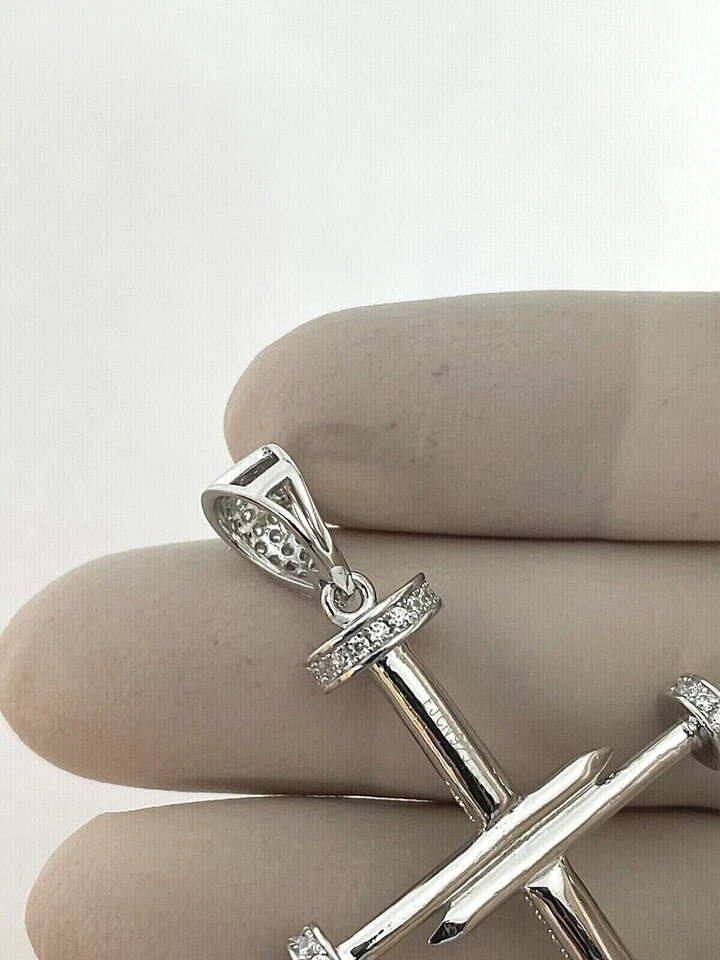 1.00Ct Lab Created Diamond Round Nail Cross Pendant 14K White Gold Silver Plated