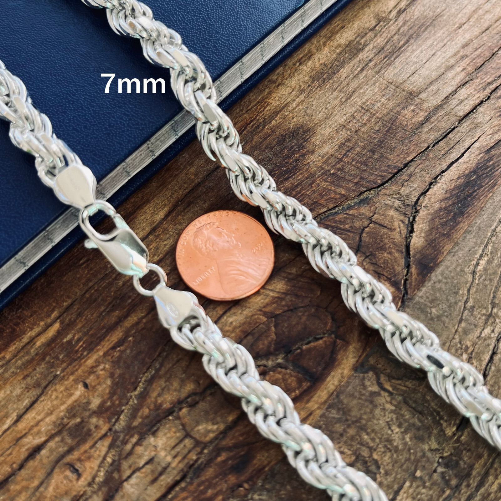Real Solid Sterling Silver 7mm Mens Diamond Cut Rope Chain Bracelet or Necklace