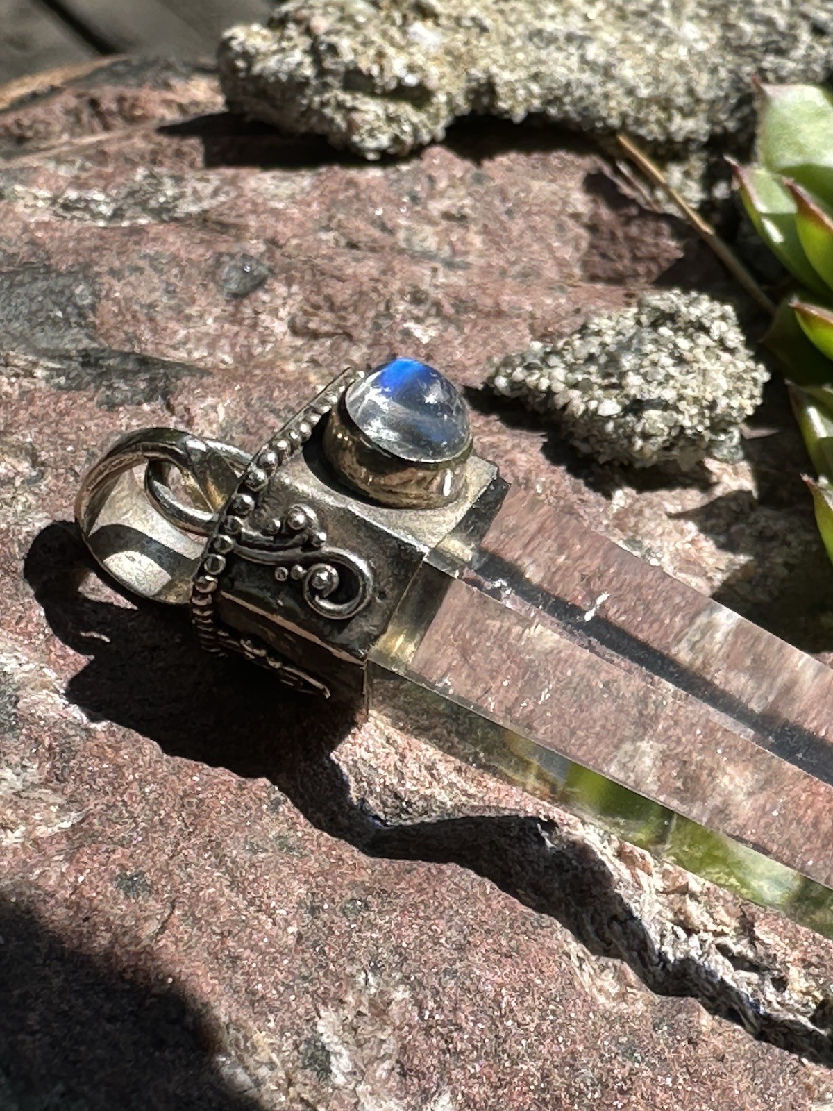 Ethereal Rainbow Moonstone & Clear Quartz Crystal Point Pendant 925s Silver