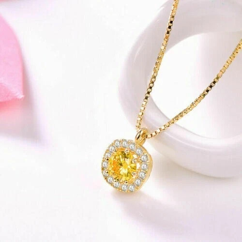 2Ct Round Cut Lab Created Citrine Halo Pendant 14K Yellow Gold Plated Free Chain
