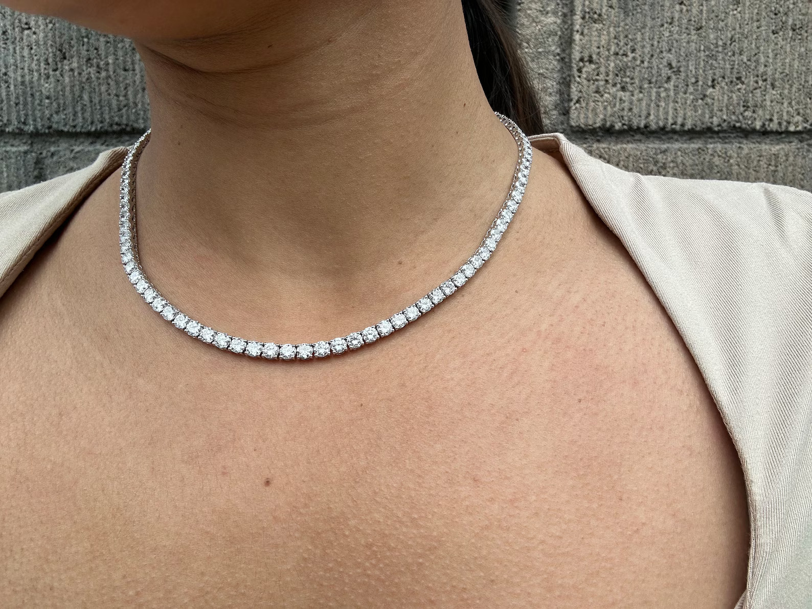 15 Carat Round Natural Diamond Tennis Necklace 14K White Gold 16 inch