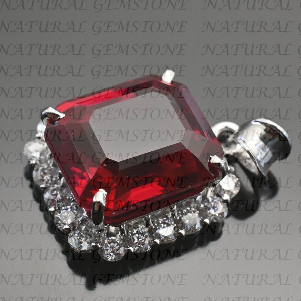 7.00Crt Emerald Shape Natural Garnet and Diamond Pendant 18K White Gold Plated