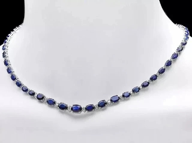 17CT Oval Cut Lab-Created 14K White Gold Finish Blue Sapphire Tennis Necklace