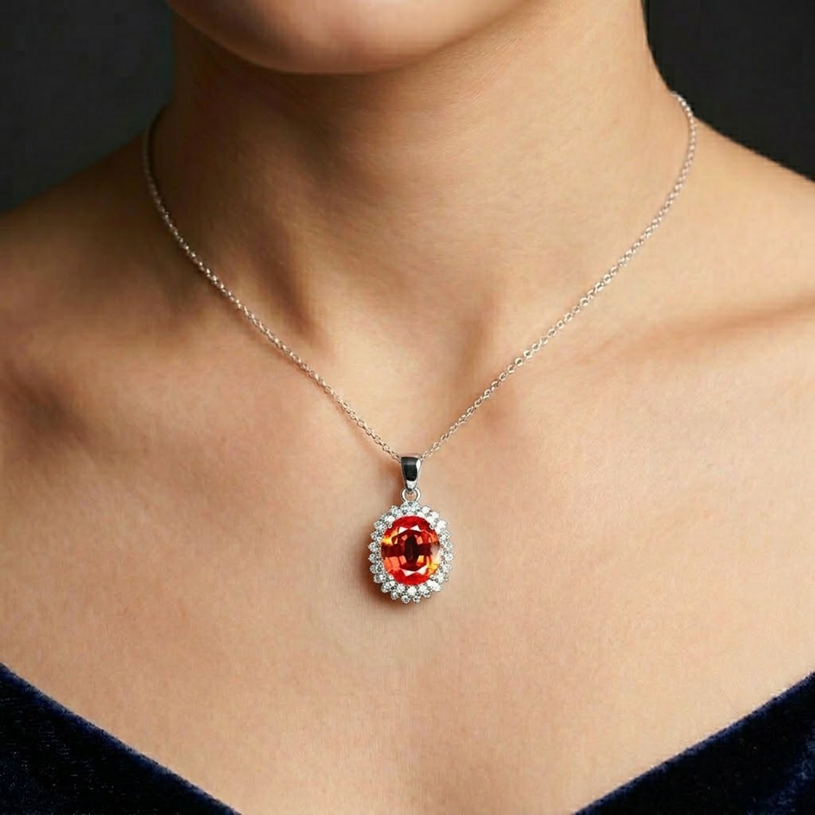 Twinkling Sunset Orange Sapphire 9.70Ct 925 Sterling Silver White Gold Pendants