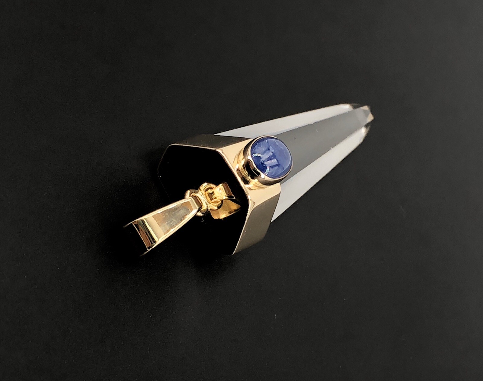Unique 14k Gold Natural Quartz Point & Sapphire Pendant, 2.4″, New