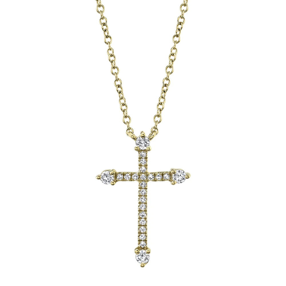14K Yellow Gold Diamond Cross Necklace 0.17 CT Round Cut Natural Certified