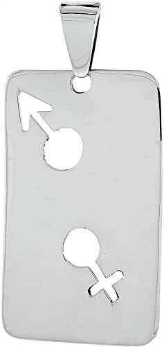 Sterling Silver Dog Tag with Male and Female Symbol Cut-Outs Pendant 2 1/16 inch