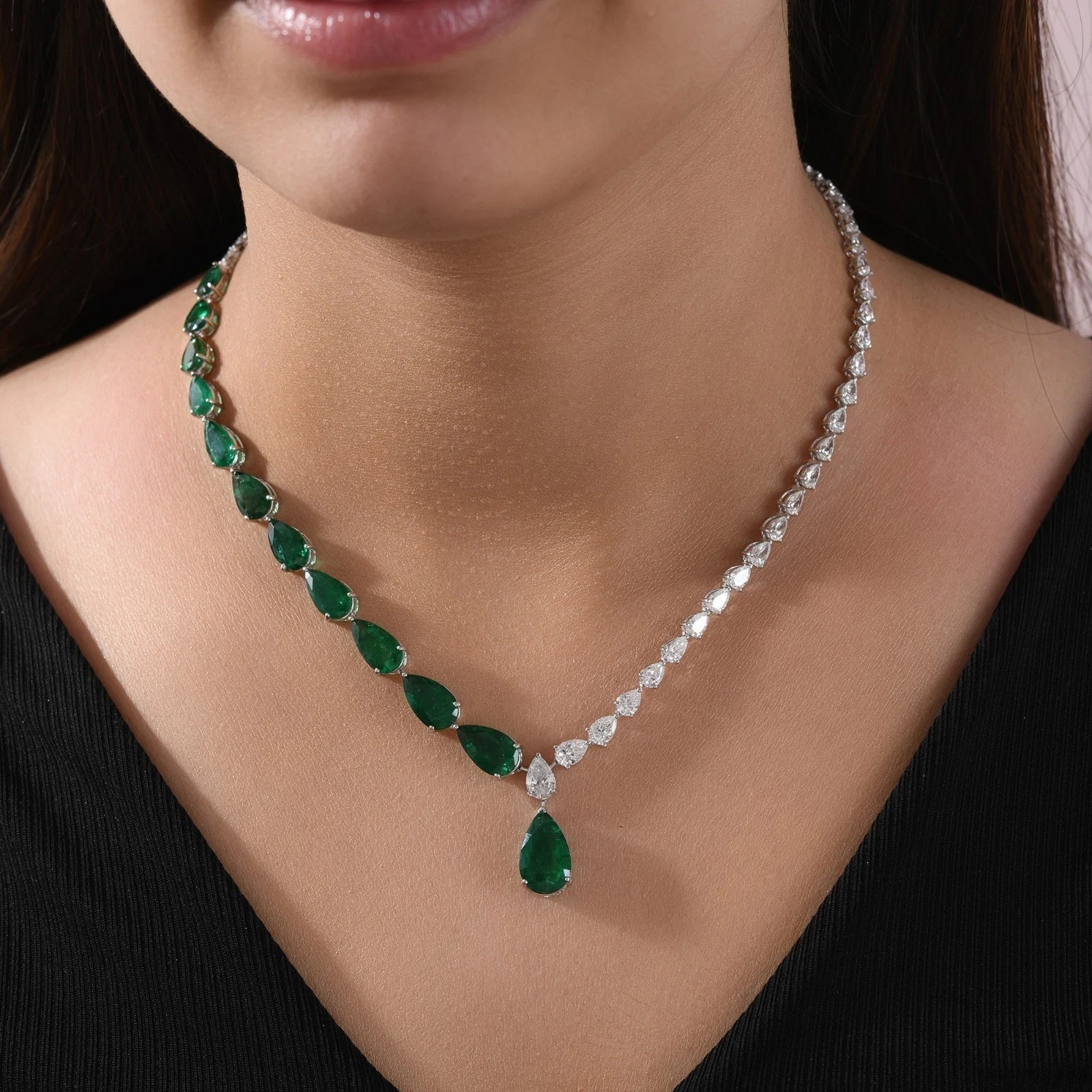 15Ct Pear Lab Created Tennis Necklace For Womens 14k White Gold Plated