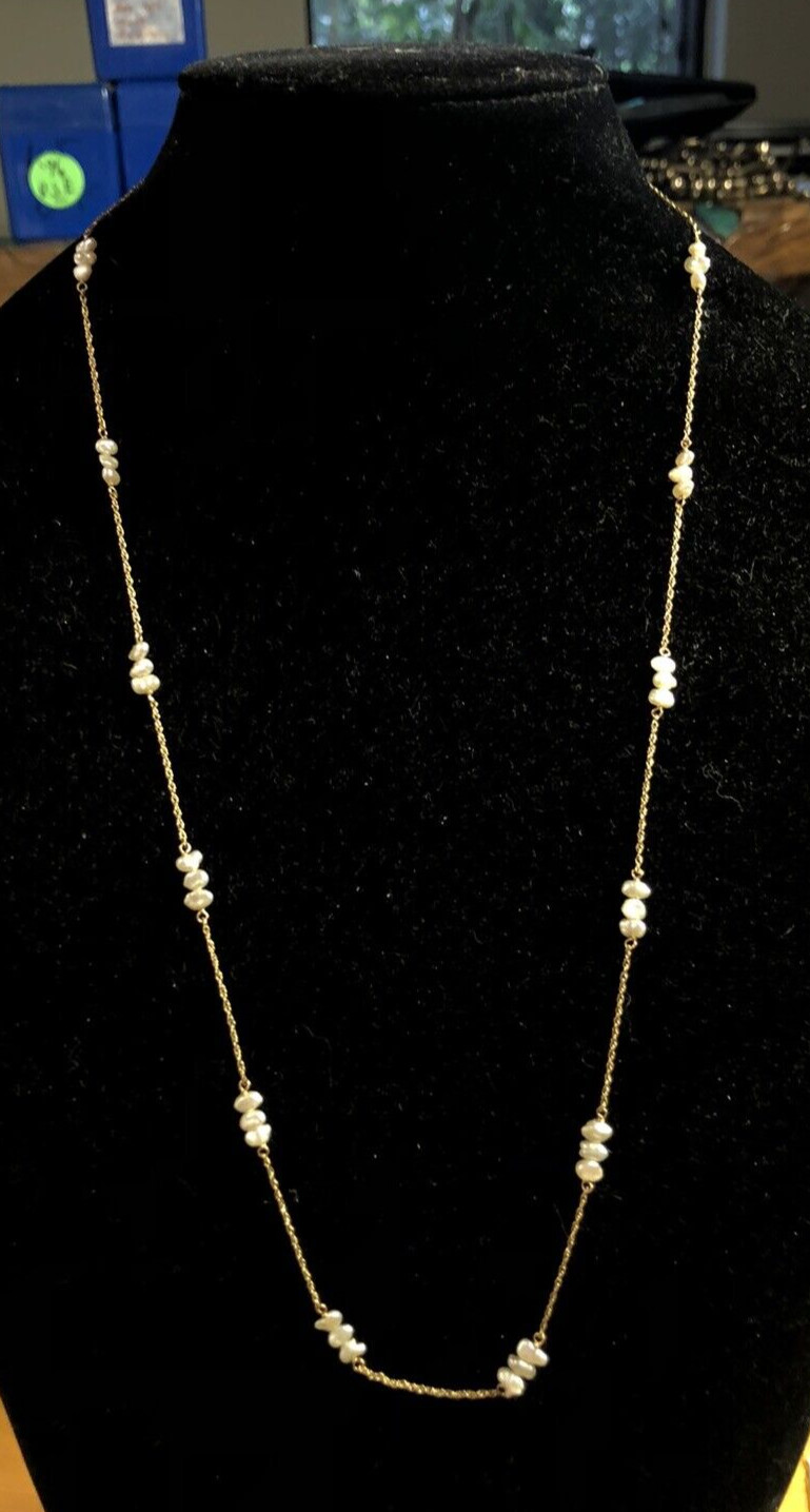 Estate 14K Yellow Gold Keshi Pearl Beaded Chain Station Necklace